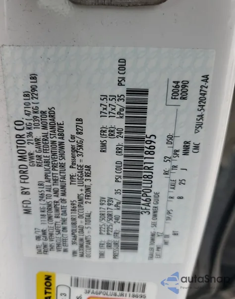 2018 Ford Fusion Se Hybrid z USA, uszkodzony, nr VIN 3FA6P0LU8JR118695